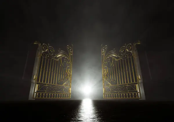 Концепция Открытых Золотых Ворот Рая Подсвеченных Сзади Эфирным Светом Темном Стоковое Фото