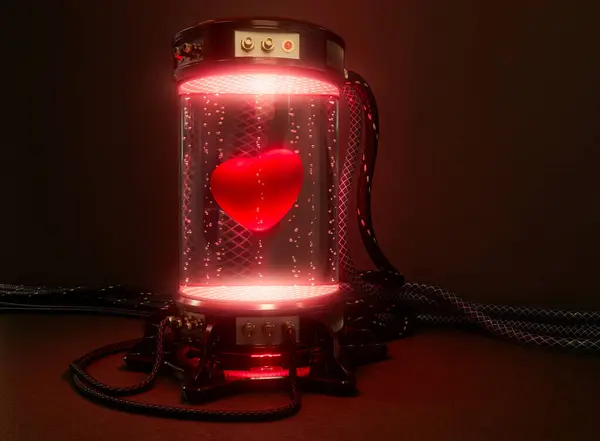 A dark futuristic concept science lab cryogenic test tube machine filled with glowing liquid and bubbles and a red heart with connected cables and rubber pipes - 3D rende
