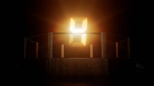 A modern mixed martial arts ring with an illuminated digital screen with the number four on a dark isolated background - 3D render