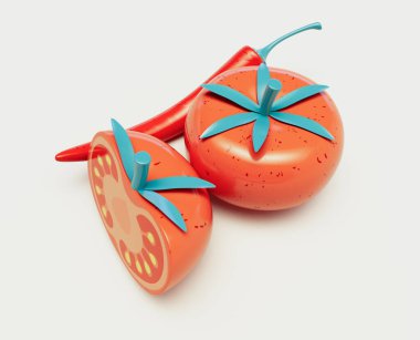 Şık bir karikatür kesimi ve biberin yanında domates sosu. Üç boyutlu.