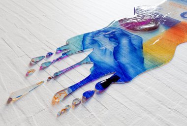 Erimiş ve sıvılaştırılmış düzenli bir İsviçre frangı banknotunu gösteren bir konsept resim beyaz bir yüzey zemininde damlıyor - 3D render