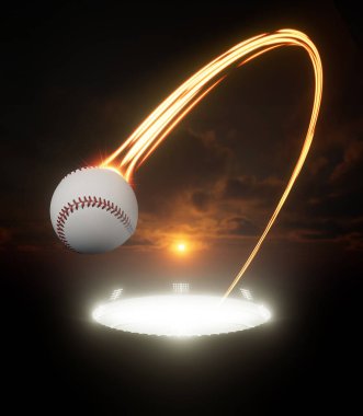 Bir beyzbol topu havada uçuşuyor. Gece vakti bir dizi spot ışıkla aydınlatılan stadyumun parıldayan parlak ışıklarından oluşan gezici bir patika. 