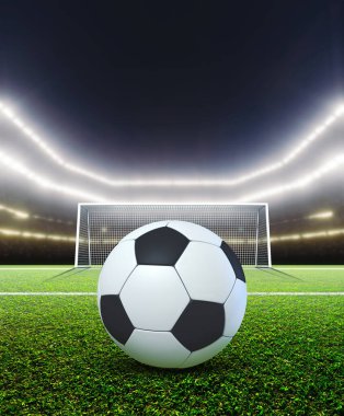 Kale direkleri ve yeşil çimlerin üzerinde geceleyin aydınlatılmış projektörlerin altında bir topu gösteren genel bir futbol stadyumu.