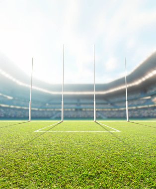 Avustralya futbolu - 3d render mavi bir bulutlu gökyüzü altında gün zamanında stadyum gösteren kaleler yeşil çimenlerin üzerinde adım genel oturmuş