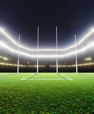 Genel kaleler gece ışıklı projektörler - 3d render altında yeşil çim sahada gösterilen Avustralya futbolu Stadyumu oturmuş