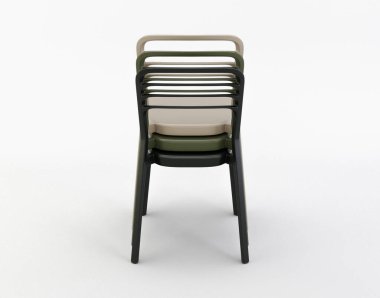 A stack of three modern plastic chairs on an isolated studio background - 3D render clipart