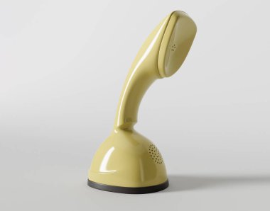 İzole edilmiş bir stüdyo arka planında plastikten yapılmış eski bir fütürist telefon - 3D görüntüleme