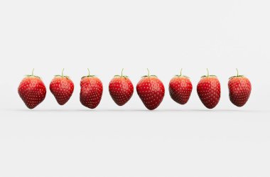 A set of irregular shaped strawberries in a row on an isolated studio background - 3D render clipart