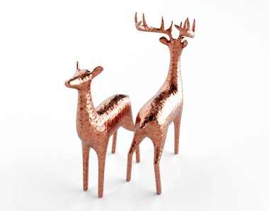 Two copper statues of a doe and deer reindeer on an isolated background - 3D render clipart