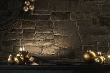 Noel temalı bir şömine sahne arkası. Çelenk, takı ve kurdeleyle birlikte. 3D rendelendirme.