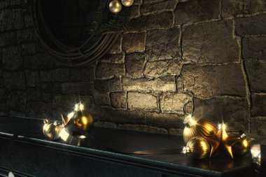 Noel temalı bir şömine sahne arkası. Çelenk, takı ve kurdeleyle birlikte. 3D rendelendirme.