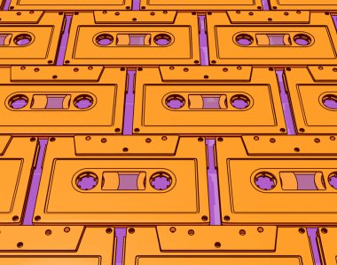 İzole edilmiş mor arkaplandaki turuncu ses kasetlerinin bir çizgi film çizimi - 3 boyutlu görüntüleme