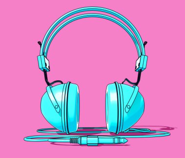 A cartoon illustration of vintage set of classic headphones on an isolated pink background - 3D render clipart