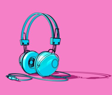 A cartoon illustration of vintage set of classic headphones on an isolated pink background - 3D render clipart