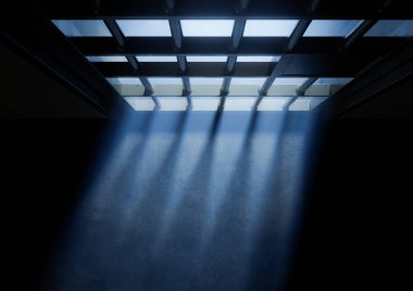 Hapishane hücrelerinin arkasındaki kısa devre beton hapishane zeminine gölgeler düşüren demir parmaklıklar.