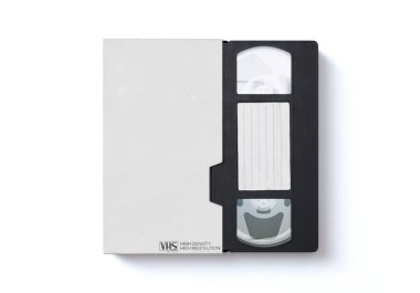 Siyah bir video kasetinin yakın plan analog kaseti VHS kaseti ve izole bir arkaplan üzerinde boş bir kapak - 3D görüntüleme