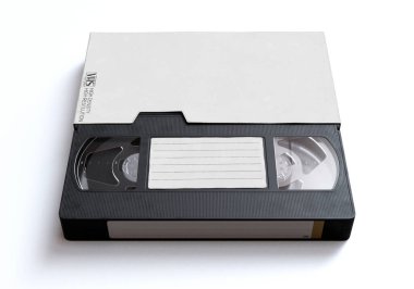 Siyah bir video kasetinin yakın plan analog kaseti VHS kaseti ve izole bir arkaplan üzerinde boş bir kapak - 3D görüntüleme