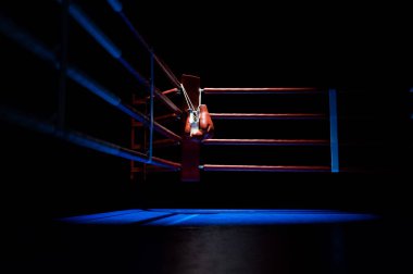 Bir boks ringinin kırmızı köşesi, bir direğe asılmış eldivenler, izole edilmiş koyu bir arka planda spot ışığı, üç boyutlu bir görüntü.