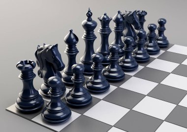 Damalı tahta ve izole edilmiş beyaz stüdyo arkaplanı üzerinde başlamak için düzenli bir satranç seti - 3D görüntüleme