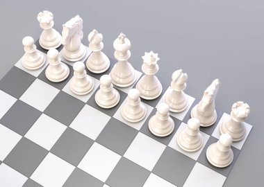 Damalı tahta ve izole edilmiş beyaz stüdyo arkaplanı üzerinde başlamak için düzenli bir satranç seti - 3D görüntüleme