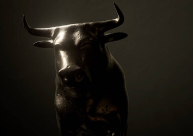 Finansal pazar eğilimlerini temsil eden koyu dramatik ışık altında bir boğayı tasvir eden bir metal döküm - 3D