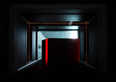 İzole bir arka plan üzerinde bir bagaj tarayıcı geçerken kırmızı ışıklar tarafından incelenen bir karton kutu - 3d render