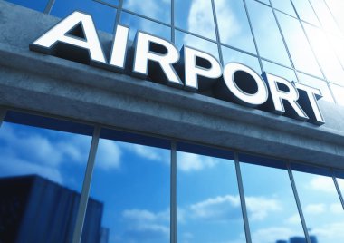 Gündüz vakti maruz bırakılan beton ve yansıtıcı camdan yapılmış modern bir havaalanı binasının girişinin üzerinde genel tabela - 3D görüntüleme