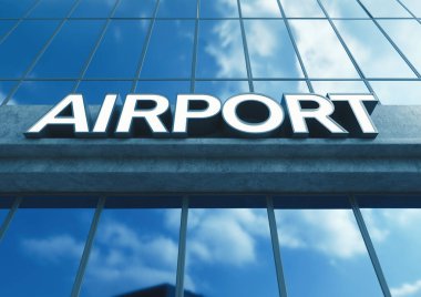 Gündüz vakti maruz bırakılan beton ve yansıtıcı camdan yapılmış modern bir havaalanı binasının girişinin üzerinde genel tabela - 3D görüntüleme