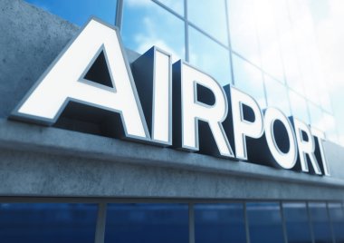 Gündüz vakti maruz bırakılan beton ve yansıtıcı camdan yapılmış modern bir havaalanı binasının girişinin üzerinde genel tabela - 3D görüntüleme