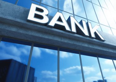 Gün içinde maruz beton ve yansıtıcı cam yapılmış modern bir jenerik banka binası girişinde yukarıda tabela-3D render