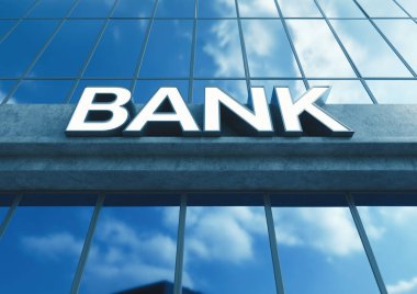 Gün içinde maruz beton ve yansıtıcı cam yapılmış modern bir jenerik banka binası girişinde yukarıda tabela-3D render