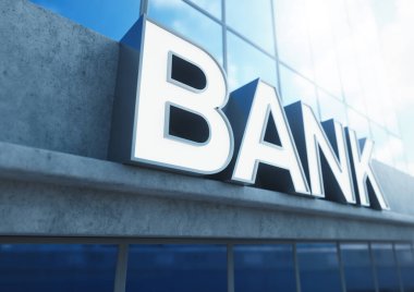 Gün içinde maruz beton ve yansıtıcı cam yapılmış modern bir jenerik banka binası girişinde yukarıda tabela-3D render