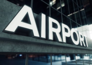 Geceleri ortaya çıkan beton ve yansıtıcı camlardan yapılmış modern bir havaalanı binasının girişinin üzerinde genel tabela - 3D görüntüleme