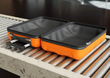 Metal silindirli taşıyıcı üzerinde açık ve boş bir turuncu bavul - 3D render