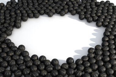 Geniş bir dizi rastgele aralıklı siyah basketbol topları merkezde net bir dairesel alan oluşturur - 3D görüntüleme