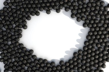 Geniş bir dizi rastgele aralıklı siyah basketbol topları merkezde net bir dairesel alan oluşturur - 3D görüntüleme