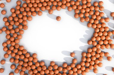 Rastgele aralıklı geniş bir ornage jenerik basketbol topları dizisi merkezde net bir dairesel alan oluşturur - 3D render