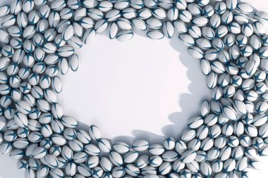 Rastgele aralıklı ragbi toplarından oluşan geniş bir dizi merkezde net bir dairesel alan oluşturur - 3D render