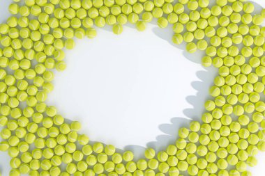 Rastgele aralıklarla aralıklı geniş bir tenis topu dizisi merkezde net bir dairesel alan oluşturur - 3D görüntüleme