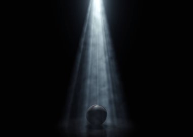 Koyu siyah bir zemin üzerinde tek bir ruhani ışık ışınıyla aydınlatılan genel bir beyzbol topu - 3D görüntüleme