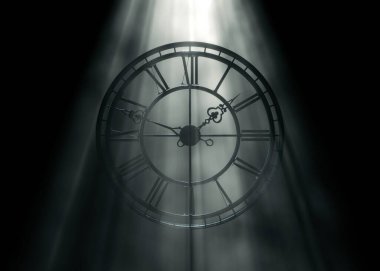 Üç boyutlu bir metal çerçeve saat, üzerinde Roma rakamları olan, siyah bir arkaplan üzerinde parlak puslu ışık ışınları, klasik, mimari ve zaman temalı tasarım projeleri için mükemmel..