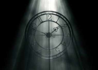 Metal çerçeve kule saatinin normal sayılarla üç boyutlu görüntüsü, siyah arkaplan üzerinde parlak puslu ışık ışınları, klasik, mimari ve zaman temalı tasarım projeleri için ideal..