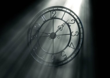 Metal çerçeve kule saatinin normal sayılarla üç boyutlu görüntüsü, siyah arkaplan üzerinde parlak puslu ışık ışınları, klasik, mimari ve zaman temalı tasarım projeleri için ideal..