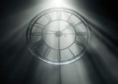 Üç boyutlu bir metal çerçeve saat, üzerinde Roma rakamları olan, siyah bir arkaplan üzerinde parlak puslu ışık ışınları, klasik, mimari ve zaman temalı tasarım projeleri için mükemmel..