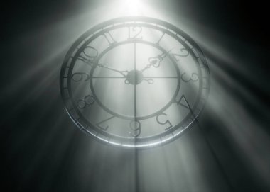 Metal çerçeve kule saatinin normal sayılarla üç boyutlu görüntüsü, siyah arkaplan üzerinde parlak puslu ışık ışınları, klasik, mimari ve zaman temalı tasarım projeleri için ideal..