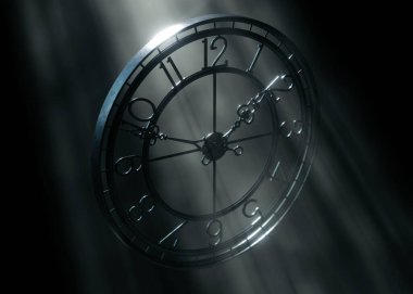 Metal çerçeve kule saatinin normal sayılarla üç boyutlu görüntüsü, siyah arkaplan üzerinde parlak puslu ışık ışınları, klasik, mimari ve zaman temalı tasarım projeleri için ideal..