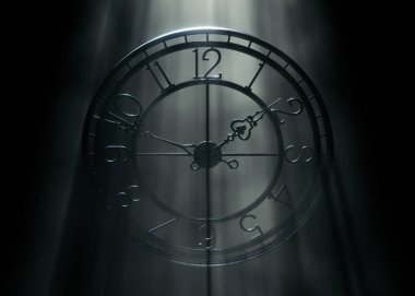 Metal çerçeve kule saatinin normal sayılarla üç boyutlu görüntüsü, siyah arkaplan üzerinde parlak puslu ışık ışınları, klasik, mimari ve zaman temalı tasarım projeleri için ideal..