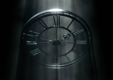 Üç boyutlu bir metal çerçeve saat, üzerinde Roma rakamları olan, siyah bir arkaplan üzerinde parlak puslu ışık ışınları, klasik, mimari ve zaman temalı tasarım projeleri için mükemmel..