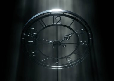 Metal çerçeve kule saatinin normal sayılarla üç boyutlu görüntüsü, siyah arkaplan üzerinde parlak puslu ışık ışınları, klasik, mimari ve zaman temalı tasarım projeleri için ideal..