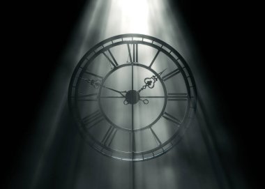 Üç boyutlu bir metal çerçeve saat, üzerinde Roma rakamları olan, siyah bir arkaplan üzerinde parlak puslu ışık ışınları, klasik, mimari ve zaman temalı tasarım projeleri için mükemmel..